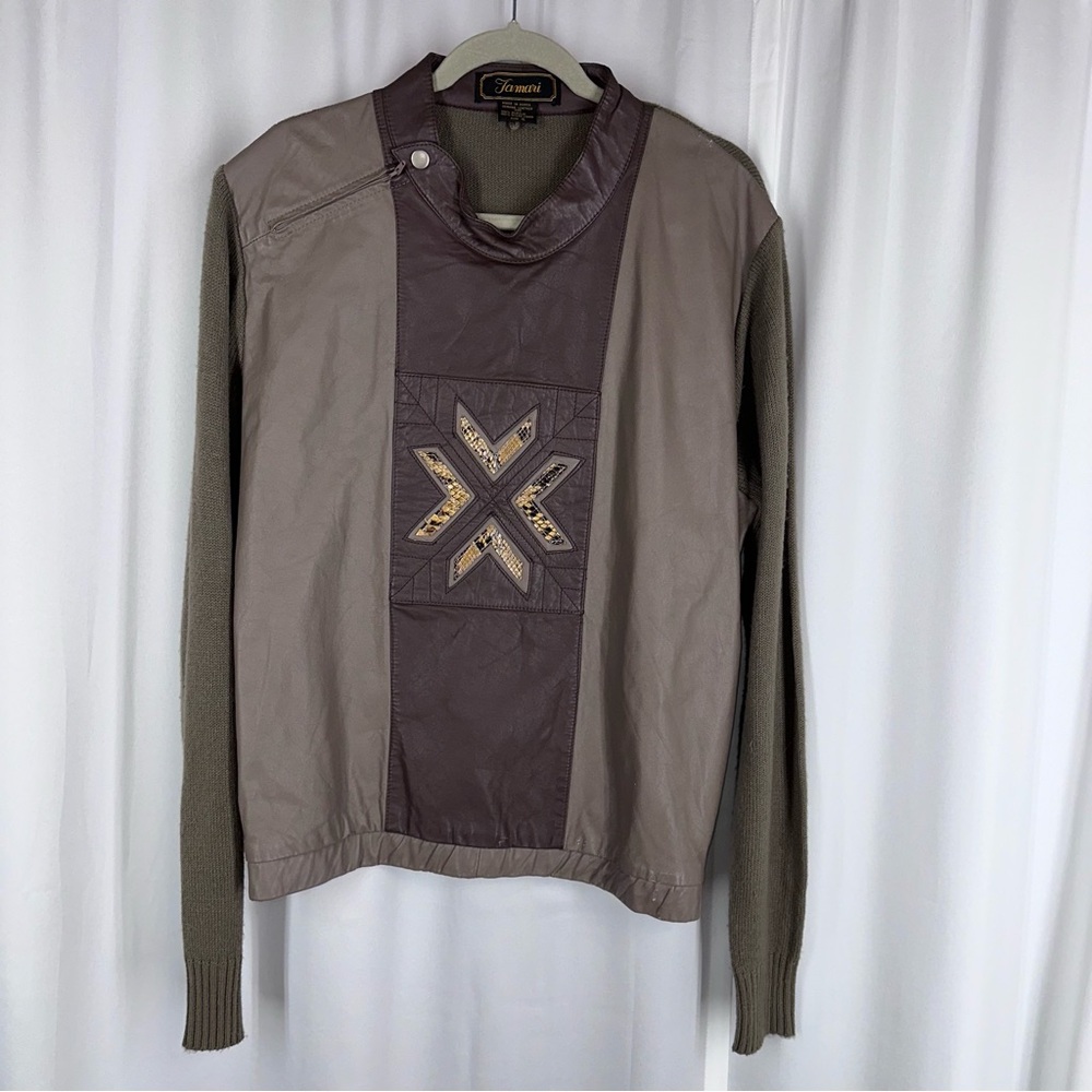 Vintage Tamari 80s Leather Patchwork Knit‎ Sweater Jacket Brown Men’s Sz XL READ